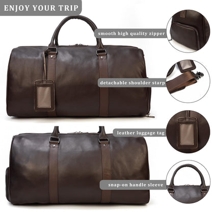 Leather Travel Duffle Bag with Shoe Pouch, Cabin Friendly Weekender Overnight Bags, Carry On Sports Gym Bag for Men Women