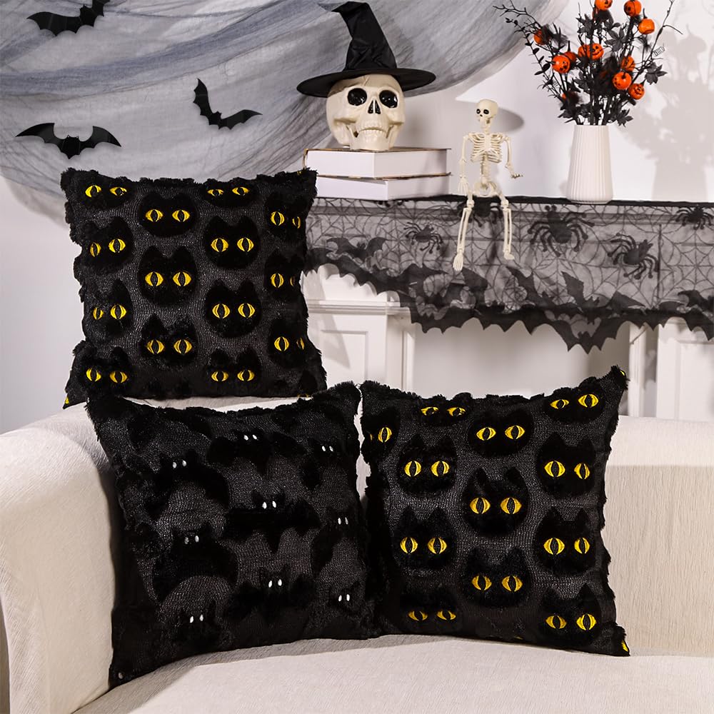 Heirloom Haven Halloween Cats Pillow Covers Set of 2,Black Cat Soft Plush Faux Fur Jacquard Couch Cushion Case Holiday Farmhouse for Sofa Home Decor 18 x 18 Inch