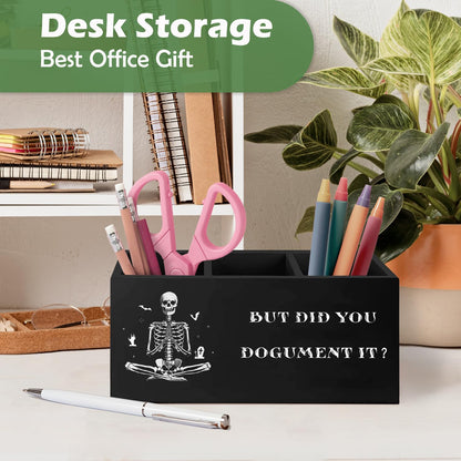 VIIJJUE Gothic Office Supplies Decor Wooden Pen Pencil Holder, Funny Office Gifts for Coworkers-But Did You Document It , Funny Gothic Skeleton Wooden Organizer for Home Desk Table Shelf Decor