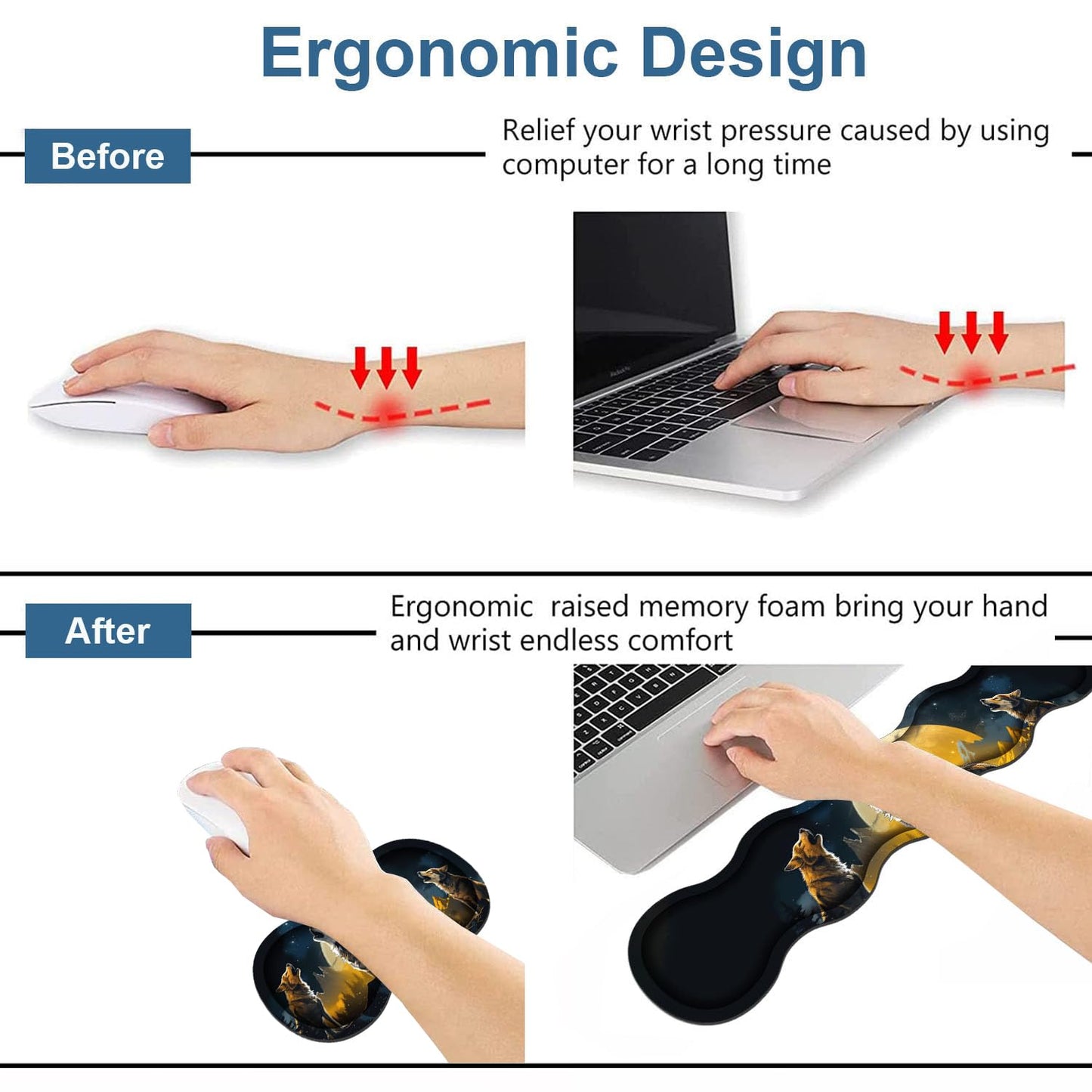 Ergonomic Keyboard Wrist Rest & Mouse Pad Wrist Rest Set, Large XXL Gaming Desk Mat 31.5"x 11.8" with Memory Foam, Easy Typing Pain Relief for Office & Home, Wolf Howling Under The Moon