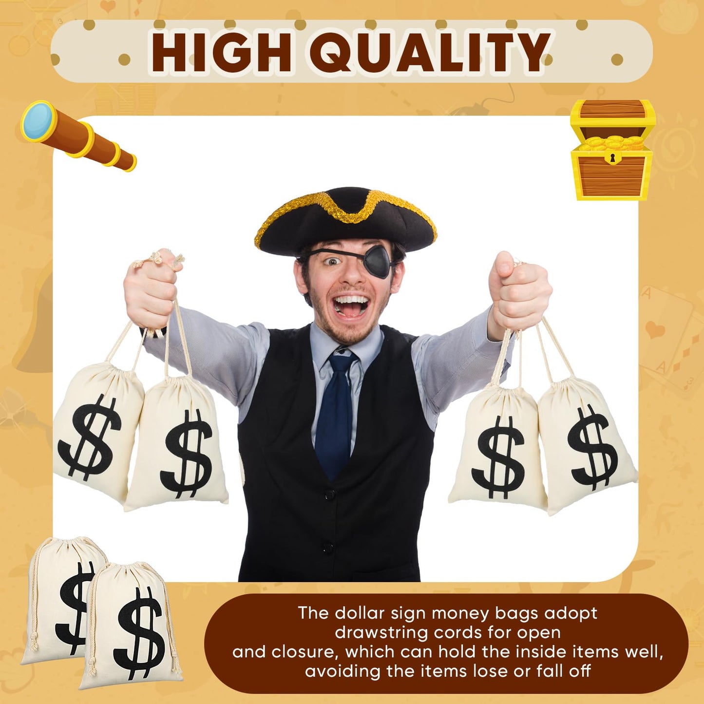 LEIFIDE 4 Pcs Canvas Money Bag Pouch with Drawstring Dollar Sign Carrying Sack Costume Props Canvas Coin Bag for Halloween Cosplay(6.3 x 9 Inch)