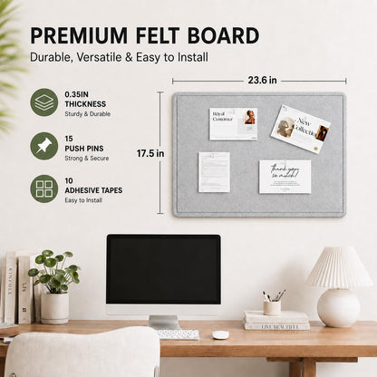 Felt Bulletin Board for Wall 24" x 18" Unfolded Size, Small Frameless Felt Pin Board, Soft Cork Board Alternative for Office, Home Planning, Notes, Photos & Wall Decor, Foldable Shipping, Easy Install