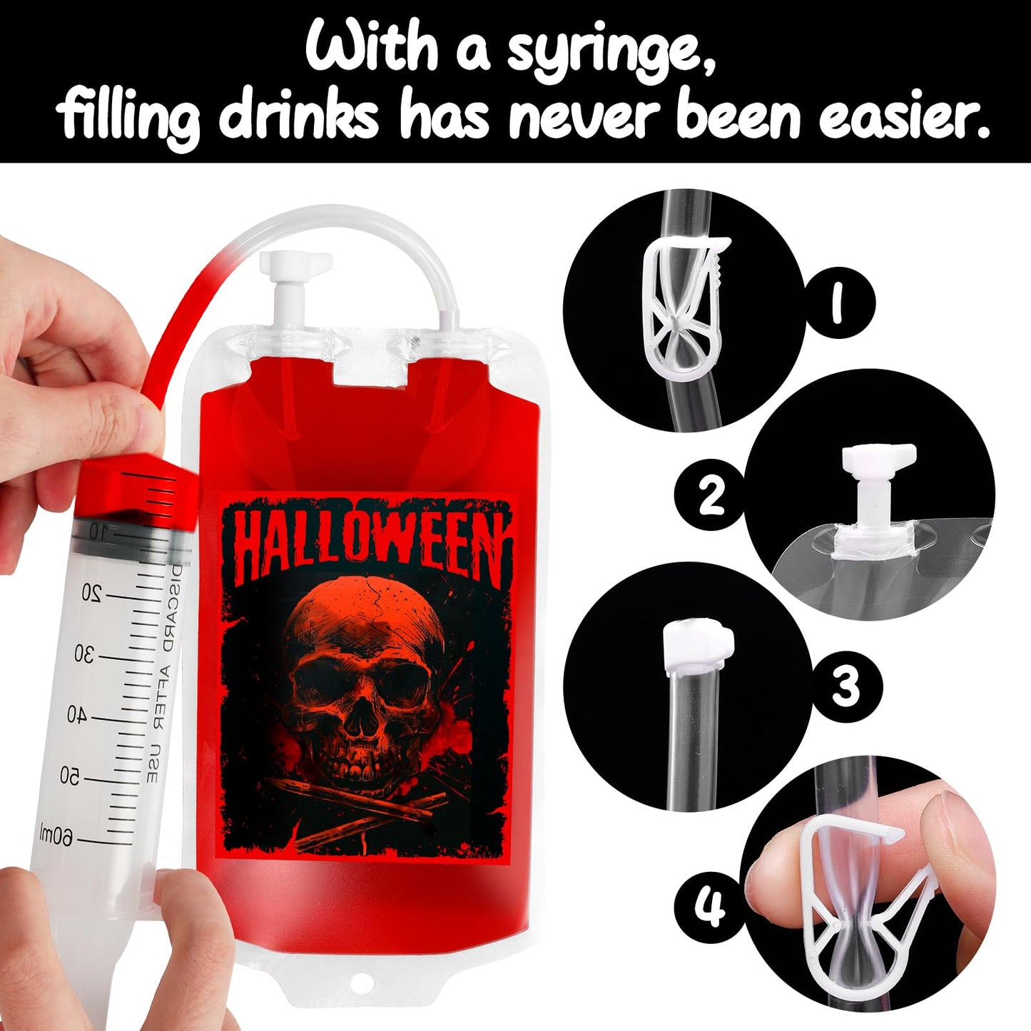 MGparty 48 Packs Halloween Blood Bags for Drink Halloween Party Decoration Drink Pouches Juice Containers for Zombie Vampire Theme Party Props (48pcs Bags, 48 Clips, 3 Syringes)