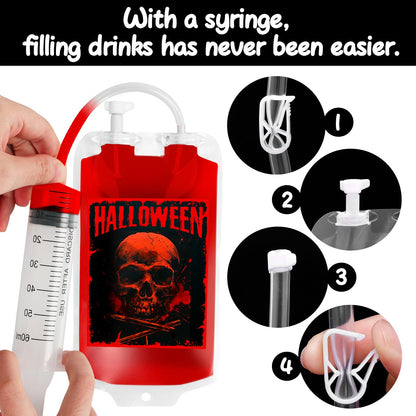 MGparty 48 Packs Halloween Blood Bags for Drink Halloween Party Decoration Drink Pouches Juice Containers for Zombie Vampire Theme Party Props (48pcs Bags, 48 Clips, 3 Syringes)