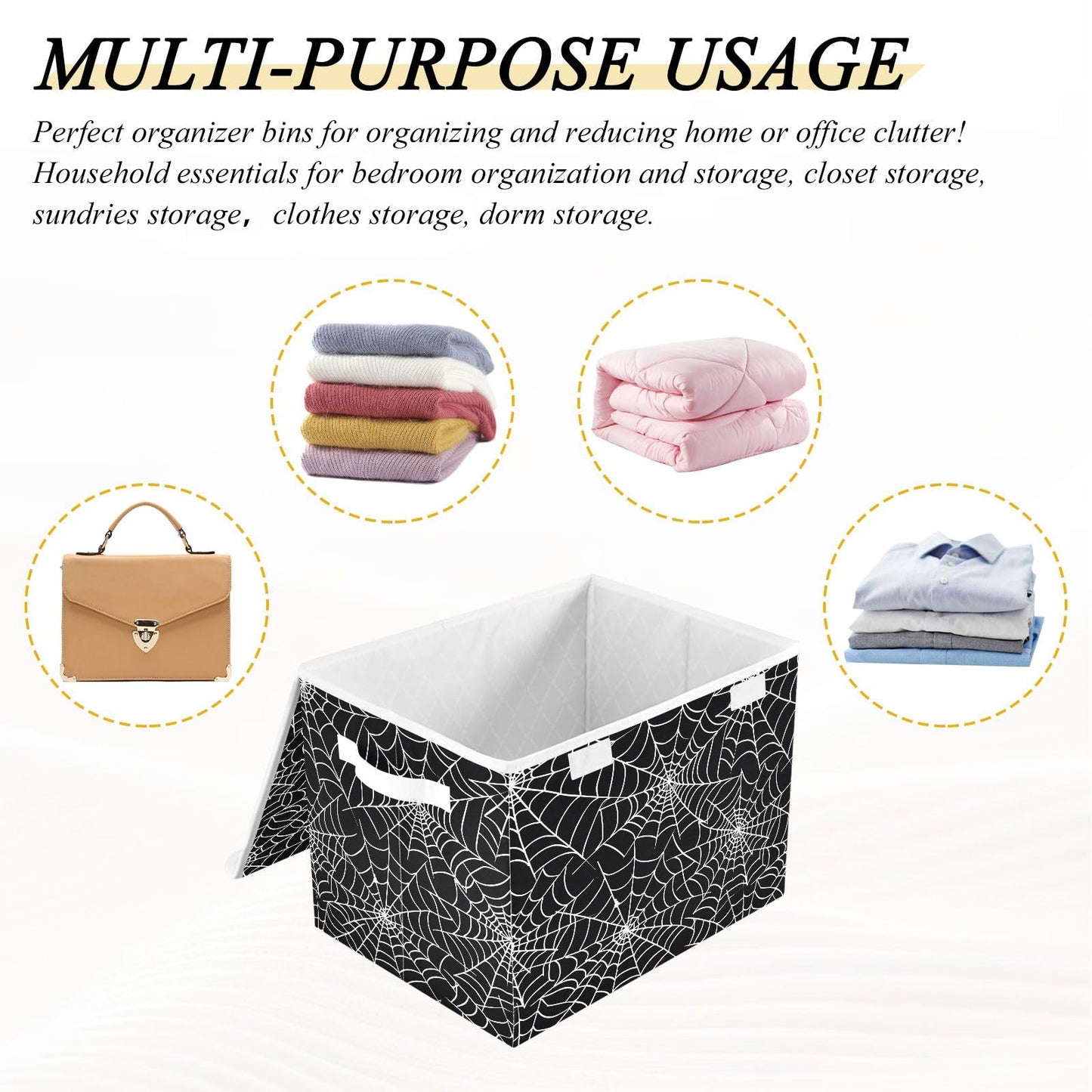 Bolaz Storage Bins with Lids and Handles,Halloween Gray Spider Web Storage Box Basket with Cover Collapsible Organizer Containers for Home Closet, Shelves