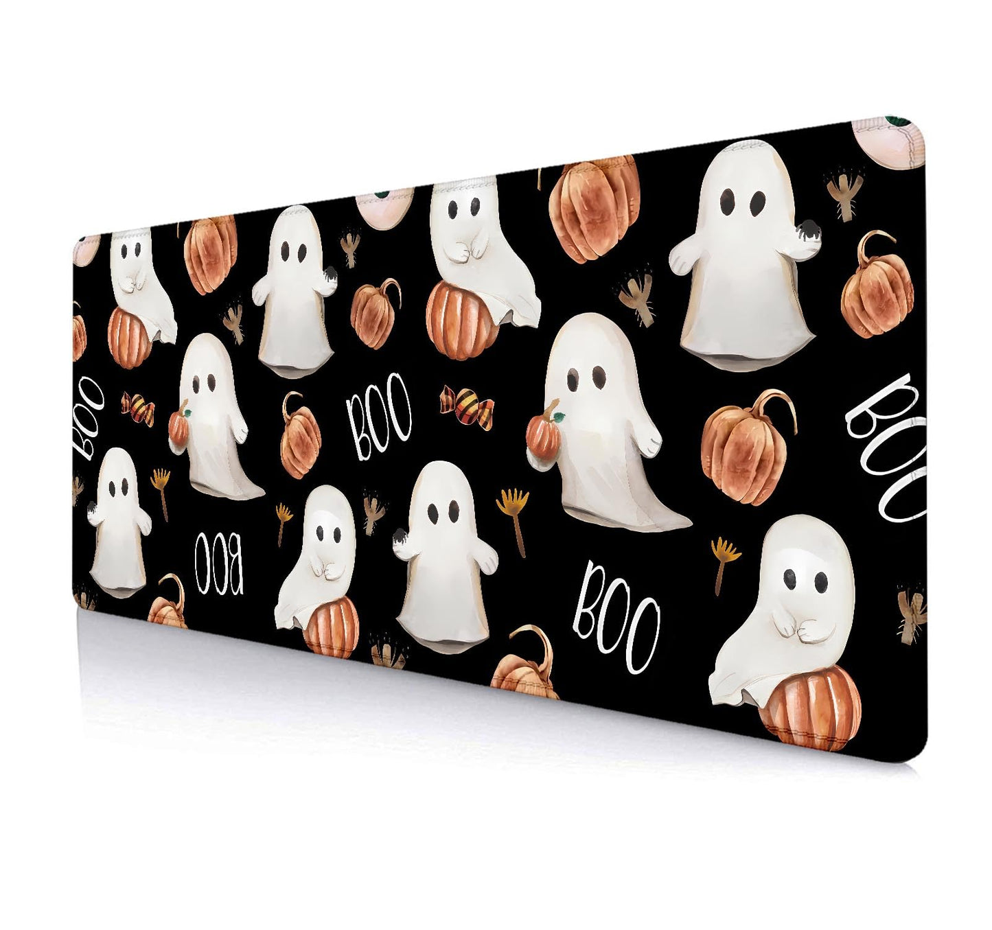 HUOCAIREN Boo Happy Halloween Large Mouse Pad, Cute Ghosts Black Desk Pad, Ripe Pumpkins Desk Mat, Computer Gaming Mouse Pad, Non-Slip Mousepad Playmat with Stitched Edges for Gamer Home & Office