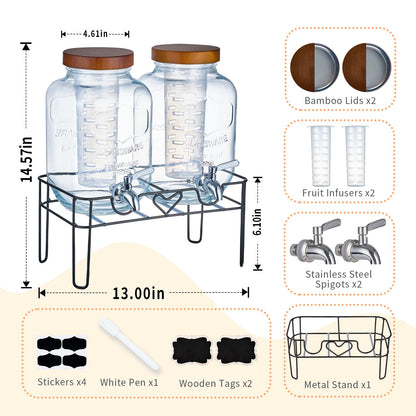 ShoreHao 2 Pack1Gallon Glass Drink Dispenser with Stand&Bamboo Lids&Fruit Infuser,304 Stainless Steel Leak-Proof Spigot,Beverage Dispenser for Parties,Water Sangria Juice Sun Tea Lemonade(Brown)