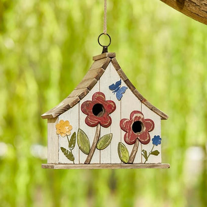 Glitzhome Hanging Birdhouses for Outside,10.75" L Distressed Solid Wood Birdhouse with 3D Flowers Rustic Two-Story Townhouse Hand-Painted Bird Houses for Outdoors,Washed White