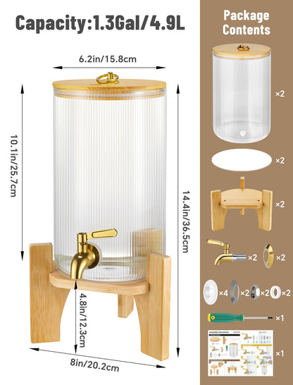 NiHome 2-Pack 1.3 Gallon Drink Dispenser for Parties, 4.9 L Glass Iced Beverage Dispenser, Large Glass Party Drink Dispensers for Lemonade, Tea, Juice & Bamboo Lid, Wood Stand & Stainless Steel Spigot