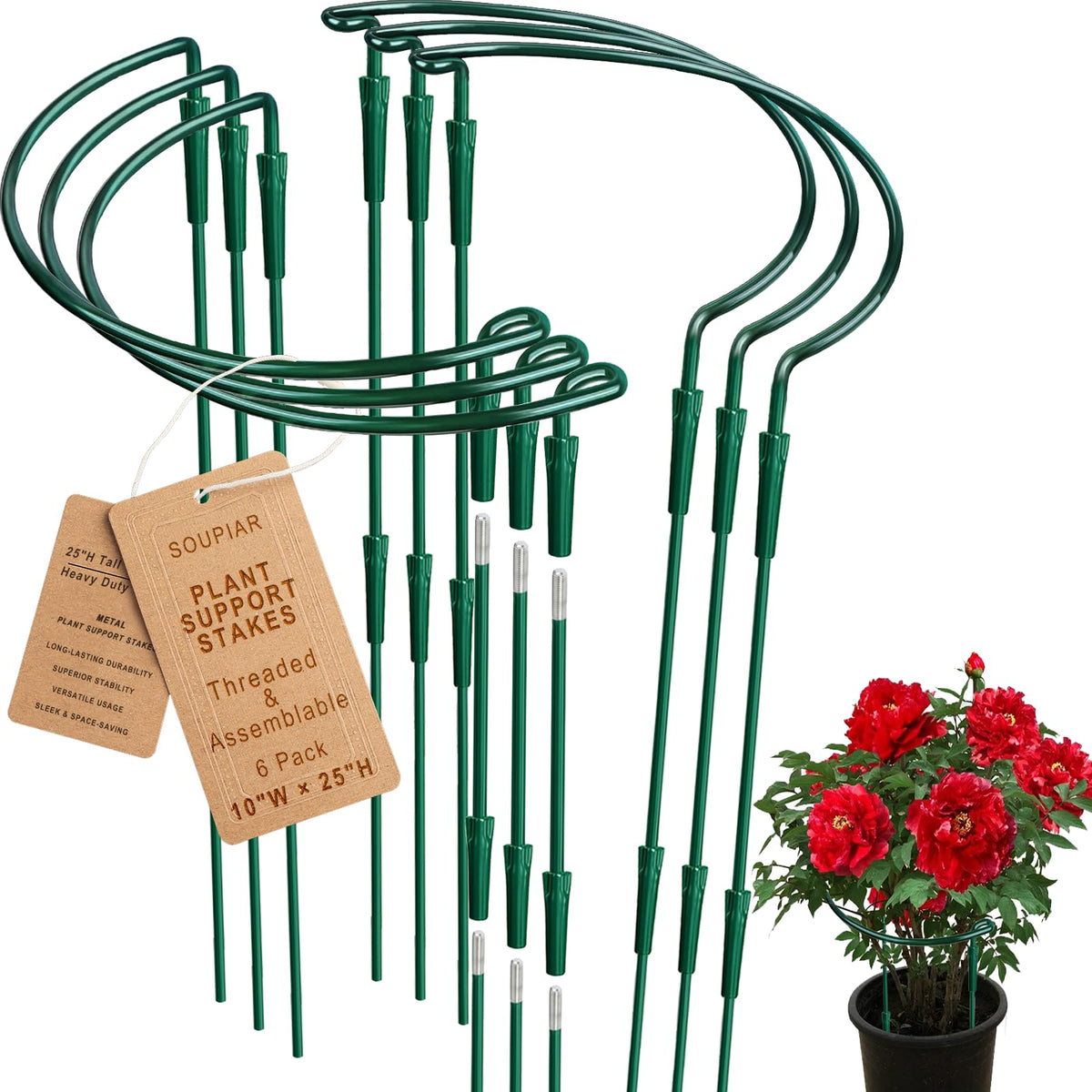 6 Pack Threaded Lock Metal Plant Support Stakes - 25" H Tall Peony Cage, Reusable Detachable Garden Ring for Hydrangea/Rose Bush/Potted Flowers, Indoor Outdoor Heavy Duty (10" W)