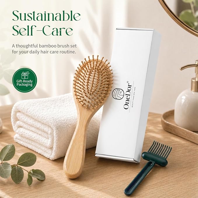 Bamboo Hair Brush - Natural Wooden Paddle Brush for Women & Men, Rounded Bamboo Bristles for Scalp Massage & Detangling, Gentle Hairbrush for All Hair Types