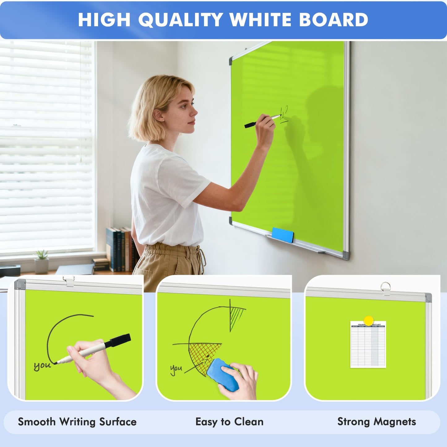 WALGLASS Magnetic Whiteboard 24"x18" Dry Erase White Board for Walls with Pen Tray, Aluminium Frame and Dry-Wipe Writing Surface for Drawing, Home, and Office (Green)
