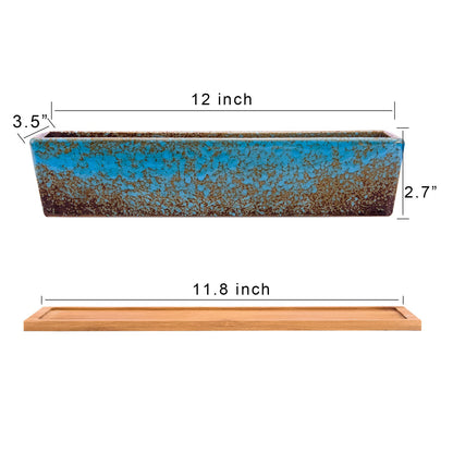 ARTKETTY 2 Pack Succulent Pots - 10''+12'' Succulent Planters with Drainage, Shallow Bonsai Pots with Tray Ceramic Pots for Indoor Plants Large Cactus Flower Plant Bowl
