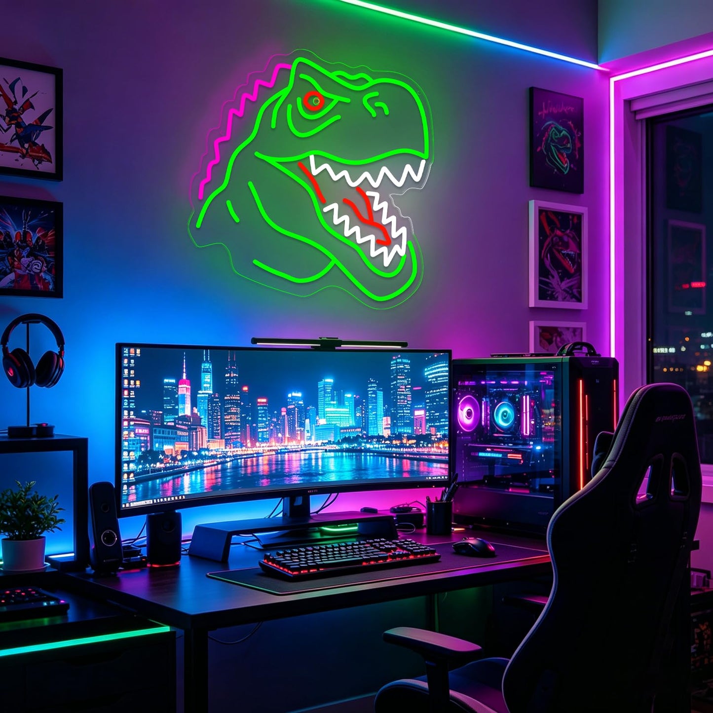Dinosaur Neon Sign Lights for Wall Decor, T-REX LED Sign for Room and Man Cave Decor, Dimmable Powered LED Signs for Bedroom, Man Cave Party, Birthday Christmas Gift (T-REX Green)