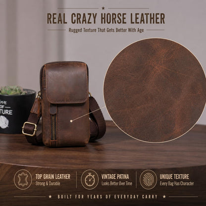 Hengwin Top Grain Crazy Horse Leather Phone Holster Waist Pouch with Belt Clip Belt Loop Shoulder Strap, Mini Crossbody Cell Phone Purse for Men, Belt Bag for Travel, Outdoor, Daily Use (Coffee)
