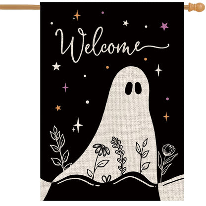 Halloween House Flag Ghost Black Burlap Double Sided 28x40 Inches Halloween Holiday Welcome Sign for Yard Lawn Home Outdoor Decor