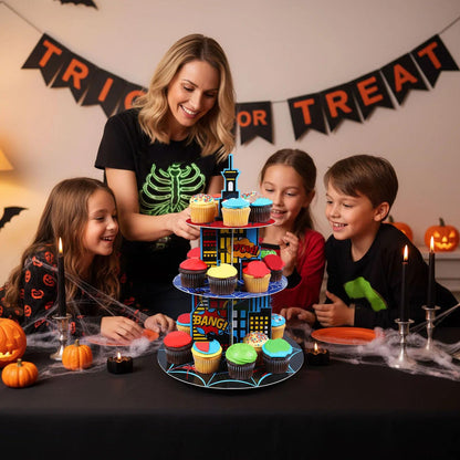 Widecook 3 Tier Spider Cupcake Stand Decoration Spider Party Cupcake Tower Party Supplies Table Decoration Cityscape Dessert Holder Table Display for Birthday Baby Shower Supplies