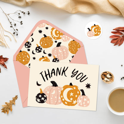 Whaline 50 Pack Fall Thank You Cards Pink Orange Pumpkin Greeting Cards with Envelopes Stickers Blank Note Card for Autumn Thanksgiving Halloween Wedding Baby Shower Birthday, 4 x 6 Inch