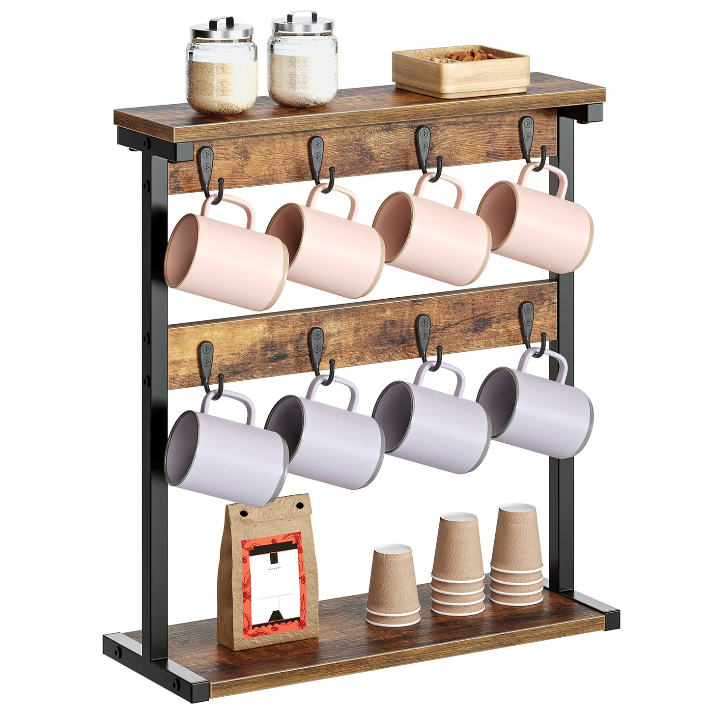 YATINEY Coffee Mug Holder for Counter, 2 Tier Mug Tree Rack, with 8 Hook and 2 Open Shelves, Vintage Mug Holder Stand for Home Kitchen, Rustic Brown MH43BR