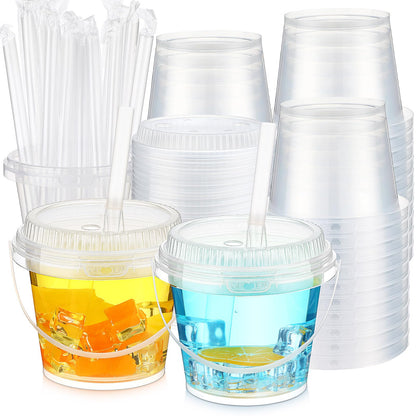 Funnymoom 15 Set 24 oz Clear Drink Buckets with Lids and Straws, Disposable Plastic Rum Cocktail Pails with Handles, Large Smoothie Cups for Adult Bachelorette Party Supplies, Beach & Catering Events