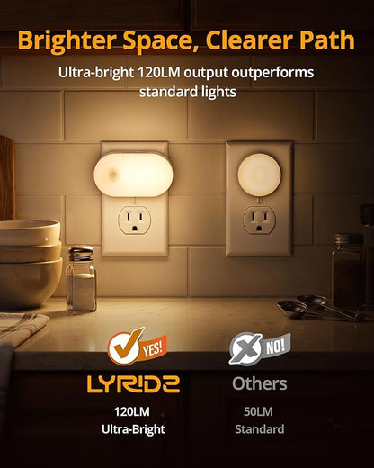 Lyridz Plug-in Night Light with Motion Sensor, 1-120 LM Stepless Adjustable Brightness LED Nightlights for Bathroom, Bedroom, Hallway, Stairs, Garage, Toilet, 4 Pack