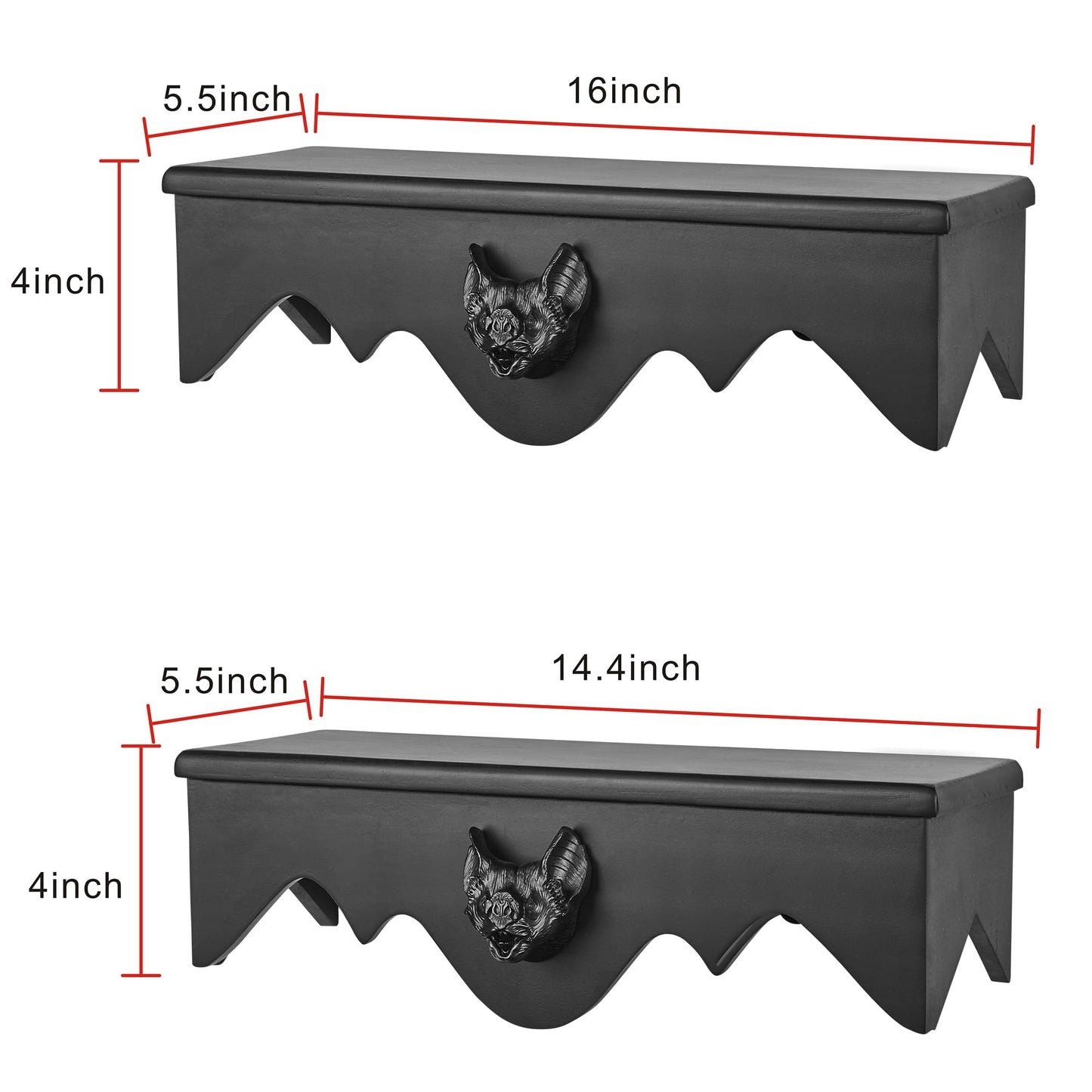 Gothvanity Gothic Bat Floating Shelves 2 Pack - Black Spooky Dark Aesthetic Wall Mounted Storage, Wooden Home Decor for Bedroom Kitchen Bathroom Office