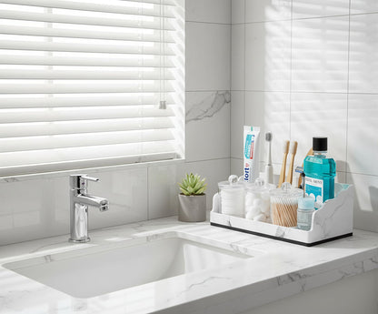 TuCao Bathroom Counter Organizer with 3PCS Qtip Holder, Marble Toothbrush Holders for Bathrooms, Bathroom Organizers and Storage with Drain Holes, Electric Toothbrush Holder, Vanity Organizer