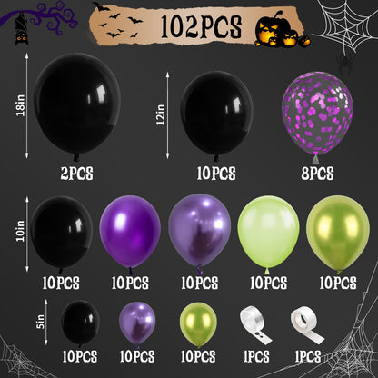 Halloween Balloon Arch Garland Kit, Purple Green Balloon Arch with Purple Confetti Balloons, Black Green Metallic Latex Balloons Set for Halloween Party Decorations