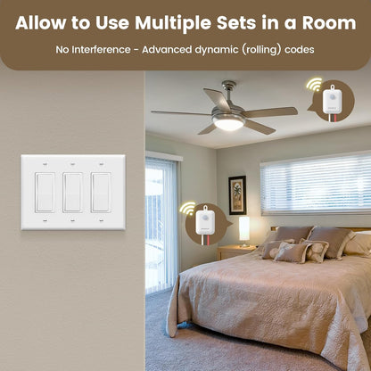 SURAIELEC 3 Way Wireless Light Switch and Receiver Kit, Decorator Rocker Wall Switch, 15 AMP, 100FT, No Wiring No WiFi, Remote Control for Lighting, Neutral Wire Required (Upgrade Antenna Model)