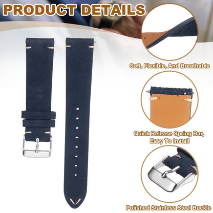 HARFINGTON Leather Watch Band 21mm Width Watch Strap Top-Grain Suede Cowhide Wrist Bands Replacement with Stainless Steel Buckle for Men Women, Dark Blue