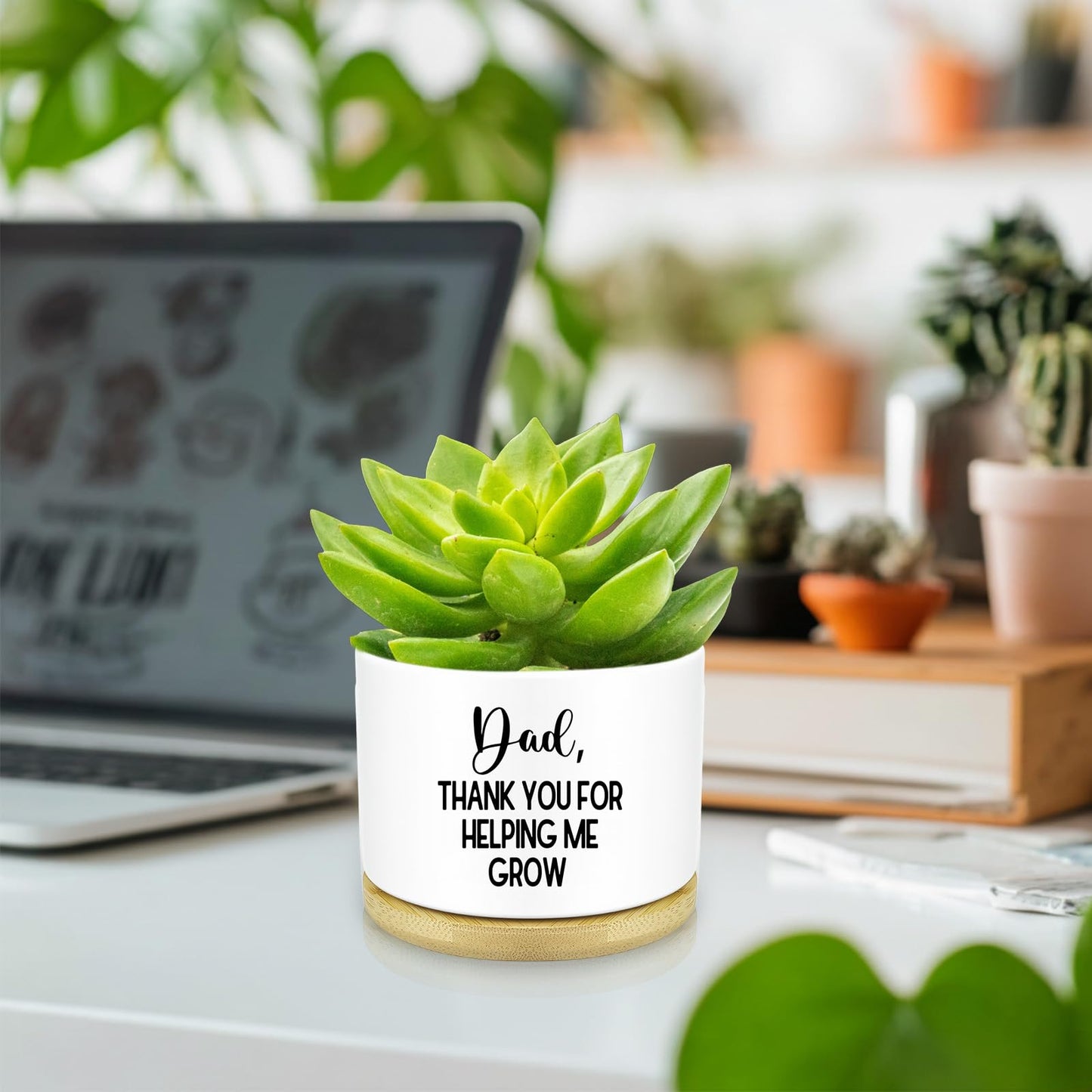 Myakako Thank You Dad Ceramic Planter with Wood Tray – 3.5 Inch Funny Flower Pot for Succulents, Cactus & Indoor Plants, Unique with Drainage Hole (Plant Not Included)