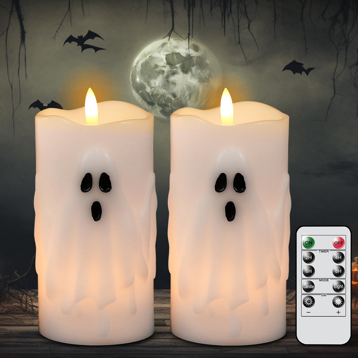 Eldnacele Spooky Ghost Halloween Flameless Candles Battery Operated with Remote & Timer Set of 2 LED Flickering Pillar Candles White Real Wax 3D Wick Long Lasting Home Indoor Decor (3" D x 6.5" H)