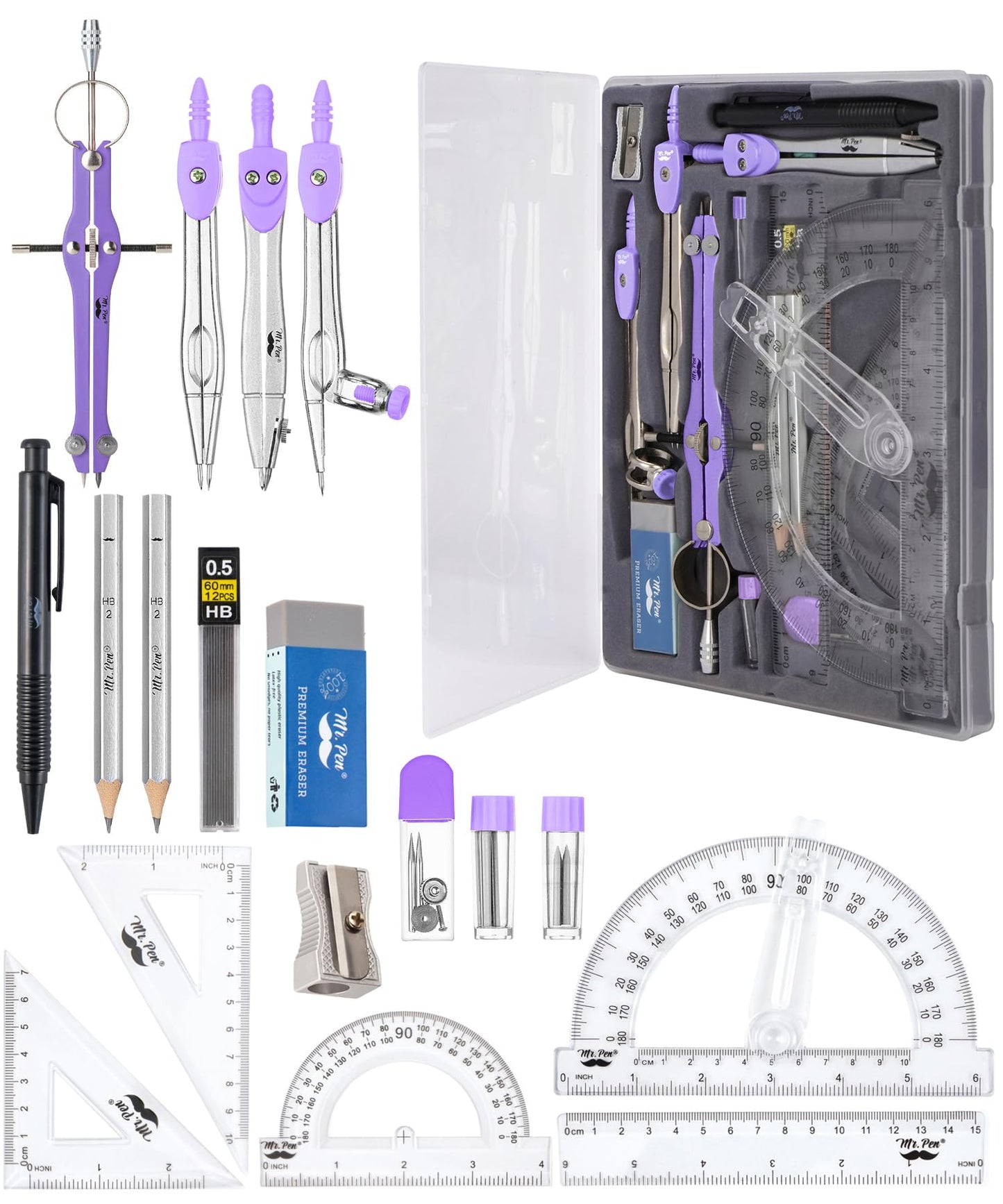 Mr. Pen- Geometry Set, 15 pcs, Purple, 6 Inch Swing Arm Protractor, Divider, Set Squares, Ruler, Compasses and Protractor
