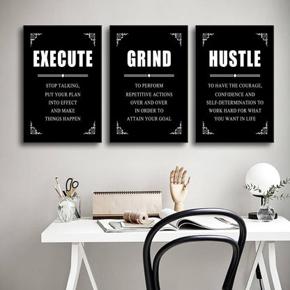 YSPCSUN 3 Panel Inspirational Wall Art for Office Walls Grind Hustle Execute Canvas Art Black and White Motivational Sign Framed Entrepreneur Life Success Quotes Room Decor Large, 48" x 24"