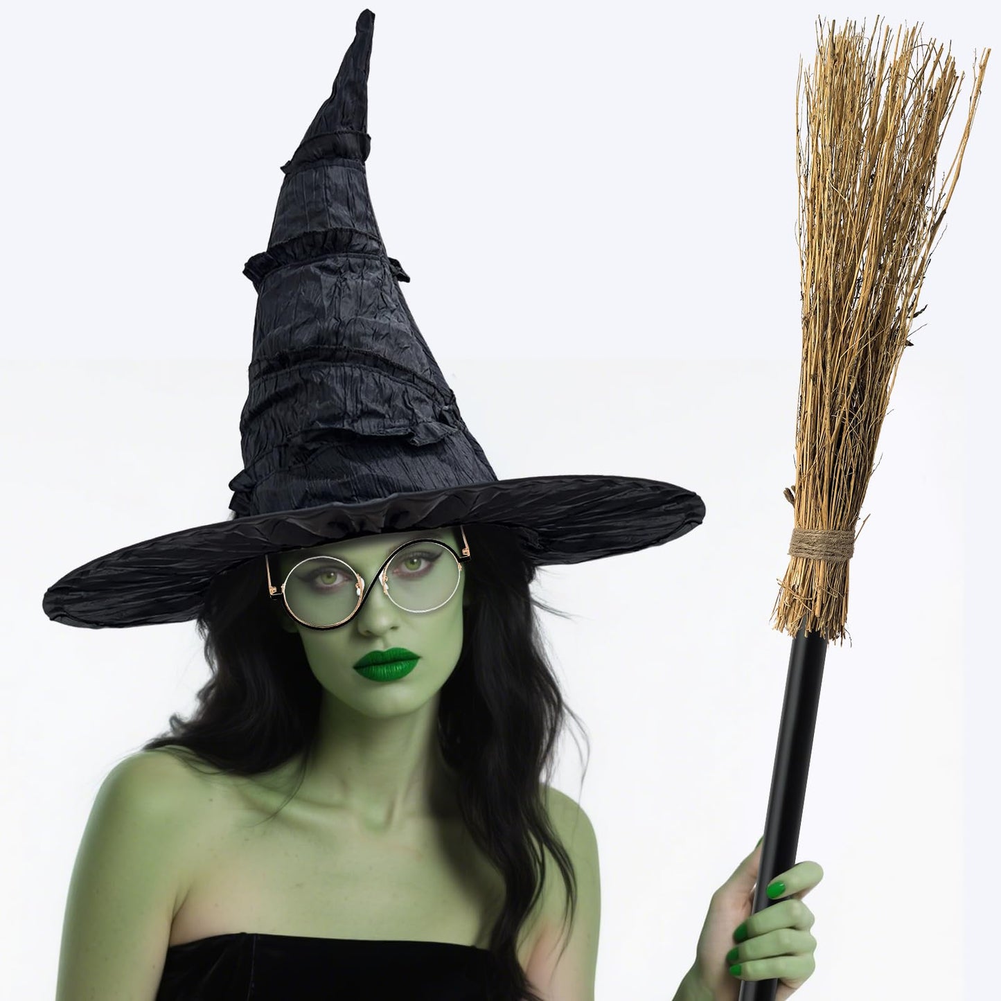 Hlimior 4 Pcs Halloween Witch Costume Set Include Black Witch Hat Broomstick Green Claw Gloves & Glasses,Halloween Costume Accessories for Women Cosplay & Party Fun