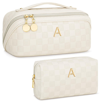 CLOUDWINGS Personalized Birthday Gifts for Women - Initial Makeup Bag Waterproof Travel Makeup Organizer with Compartments PU Leather Cosmetic Travel Toiletry Bag (CheckeredBeige,A)