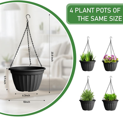 FGstyle Hanging Planters 10 Inch, 4 Pcs Self Watering Pots for Indoor Plants,Plastic Hanging Basket with Soil Elevator and 20" Chain for Home Garden Porch Balcony Patio Decor(Black)