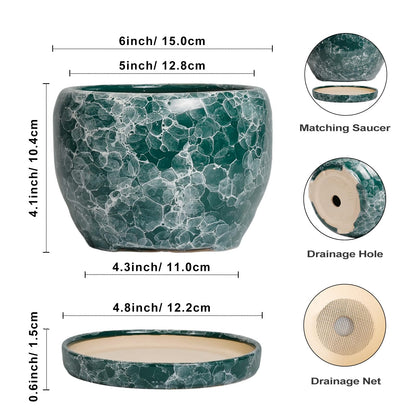 SQOWL Ceramic Pot for Plants - 6 Inch Ceramic Planter with Drainage Hole and Saucer, Round Flower Pot for Indoor Outdoor, Decorative Small Planter, Room Home Decor, Plant Lover Gifts, Green
