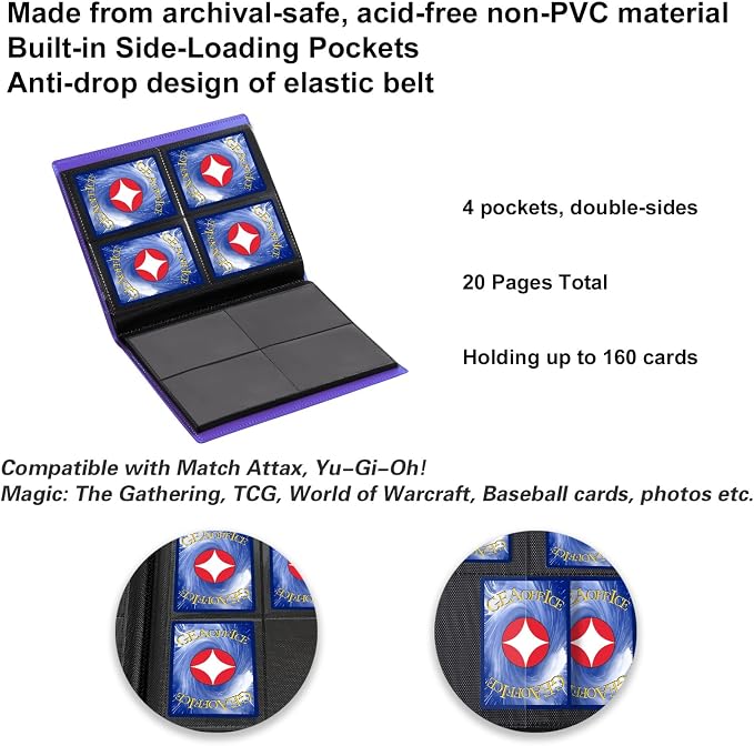GEAoffice Card Binder 4 Pocket - GEAoffice Trading Card Collection Album Folder - 160 Side Loading Pocket Binder for TCG, MTG, Sports&Game Cards - Gifts for Card Collectors Girls (Purple)