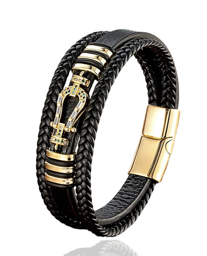 Kim Carrey Italian Handmade Genuine Leather Bracelets for Men Stainless Steel Clip, Men's Casual Genuine Multi-layer Cuff Bracelet, Bracelet Gift for Real Men (Horseshoe)