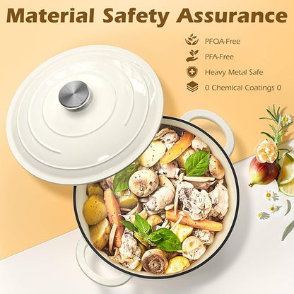 Enameled Cast Iron Dutch Oven - Umite Chef 5QT Pot with Lid & Cotton Potholders - Heavy-Duty Cookware for Bread Baking, Braising, Stews, Roasting(Cream White)