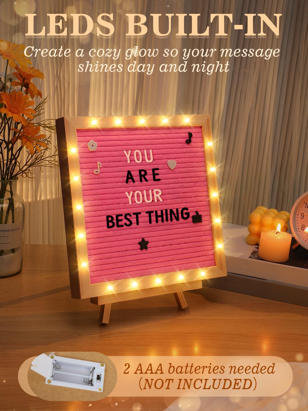 Changeable Felt Letter Board with LED Lights - 10''×10" Message Custom Signs & Wood Stand & 450 Letters, Poster Board for Baby/Pregnancy Announcement/Classroom Wall Decor Gifts, Pink