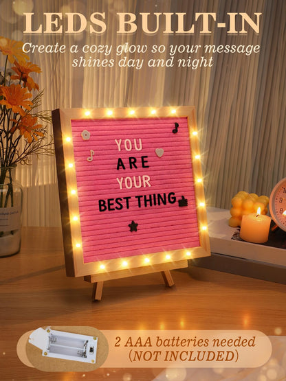 Changeable Felt Letter Board with LED Lights - 10''×10" Message Custom Signs & Wood Stand & 450 Letters, Poster Board for Baby/Pregnancy Announcement/Classroom Wall Decor Gifts, Pink