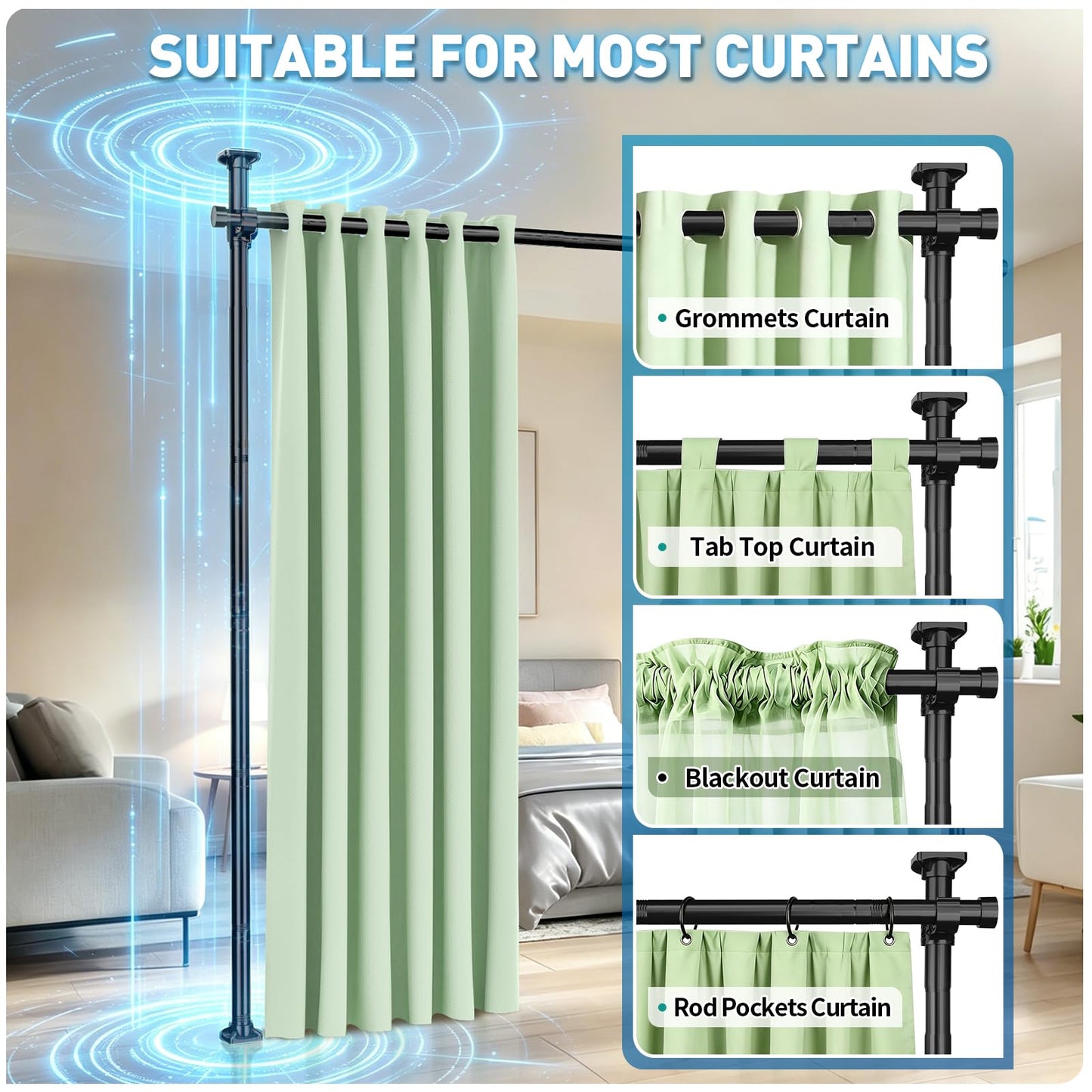 SUNALLY Room Divider Tension Curtain Rod, No Drilling Room Separator for Space Partition, 4-10ft(H) 32-200inch(W) Adjustable Heavy Duty Temporary Wall Divider Floor to Ceiling Tension Rod, Black