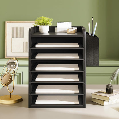 HOOBRO Adjustable Countertop Mail Sorter, 6 Tier Wooden Paper Organizer, Vertical Literature Organizer with Side Storage, Office Mailbox Cubbies, Classroom Mailbox, for Home, Office, Black BB34WF01
