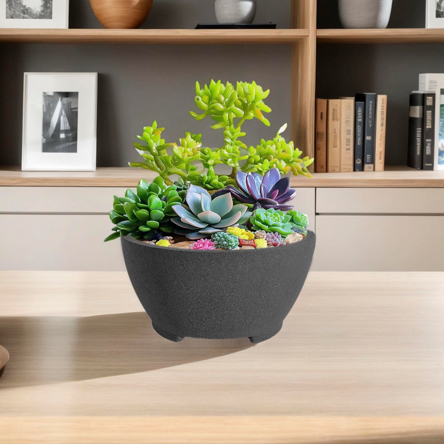 TINYVISTA 8.26” Gray Ceramic Bonsai Pot with Drainage Holes - Large Unglazed Clay Planter for Ficus Trees, Succulents & Indoor Plants, 4" Deep Round