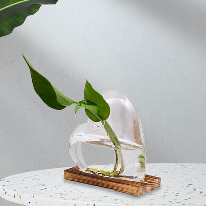 Heart Shaped Glass Vase with Wooden Base, Plant Terrarium Propagation Station for Windowsill Desk Decor (5.1x4.7 inch)