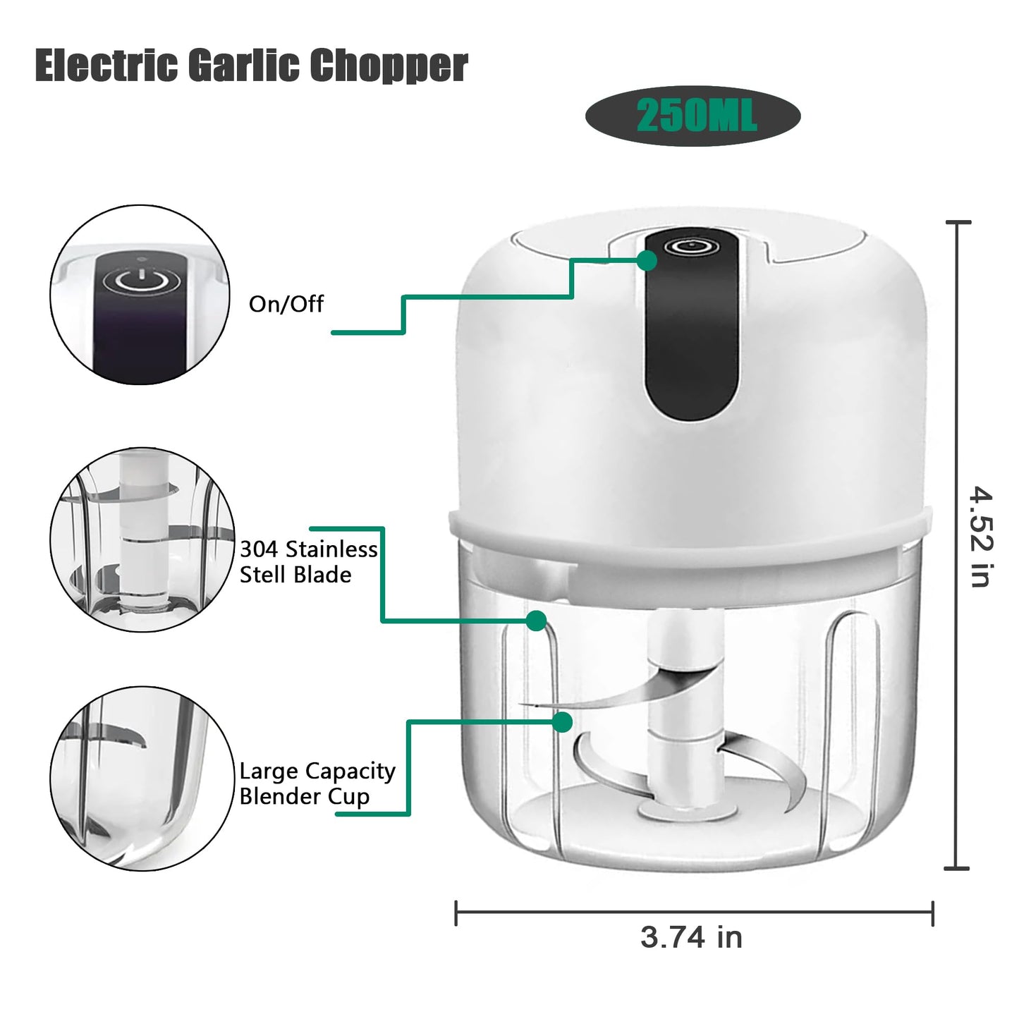 250ML Electric Garlic Chopper, Mini Portable Veggie Choppers, Garlic Grinder Masher Onion Chopper, Blender to Vegetable, Wireless Food Processor for Ginger, Chili, Fruit, Meat, etc