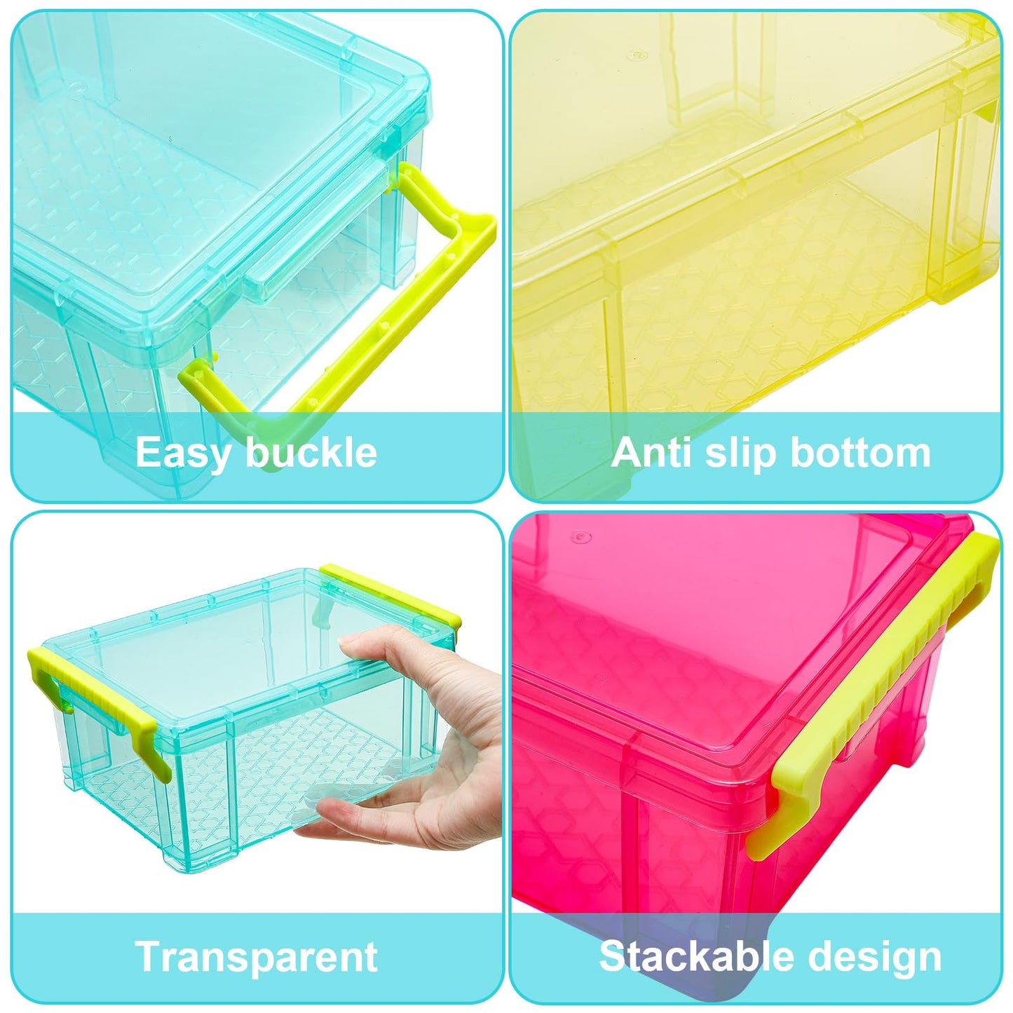 Nicunom 12 Pack Stackable Small Storage Containers with Latching Lids, Clear Plastic Craft Organizer Boxes Bulk for Crayons, Pencils, Art, Craft, Hobby, School Supply, 3 Colors, 5.2x3.9x2.4 Inch