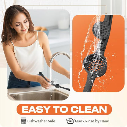Kitchen Garlic Press, Rust Proof & Dishwasher Safe Garlic Mincer, Durable Garlic Crusher Set with Peeler＆Brush, Easy to Clean and Squeeze, Black
